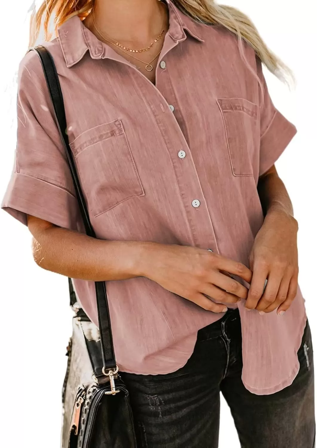 imageAstylish Womens Button Down Shirts V Neck Loose Casual ShirtN Pink