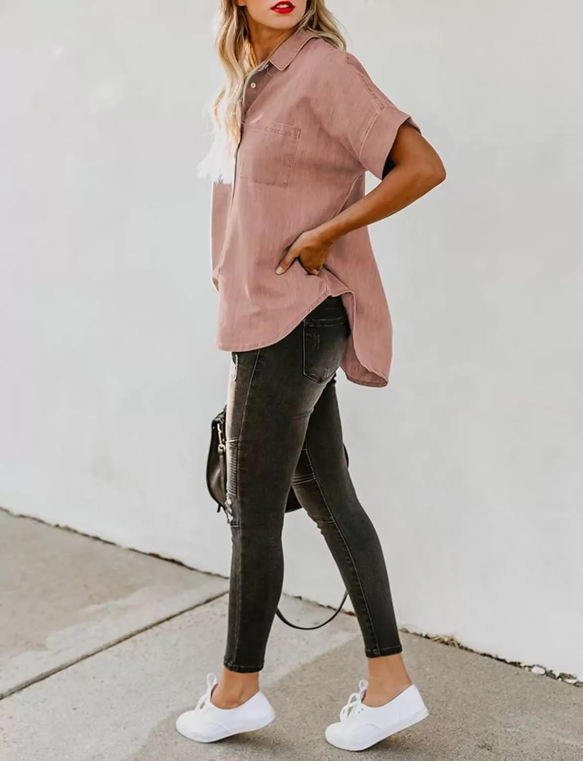 imageAstylish Womens Button Down Shirts V Neck Loose Casual ShirtN Pink