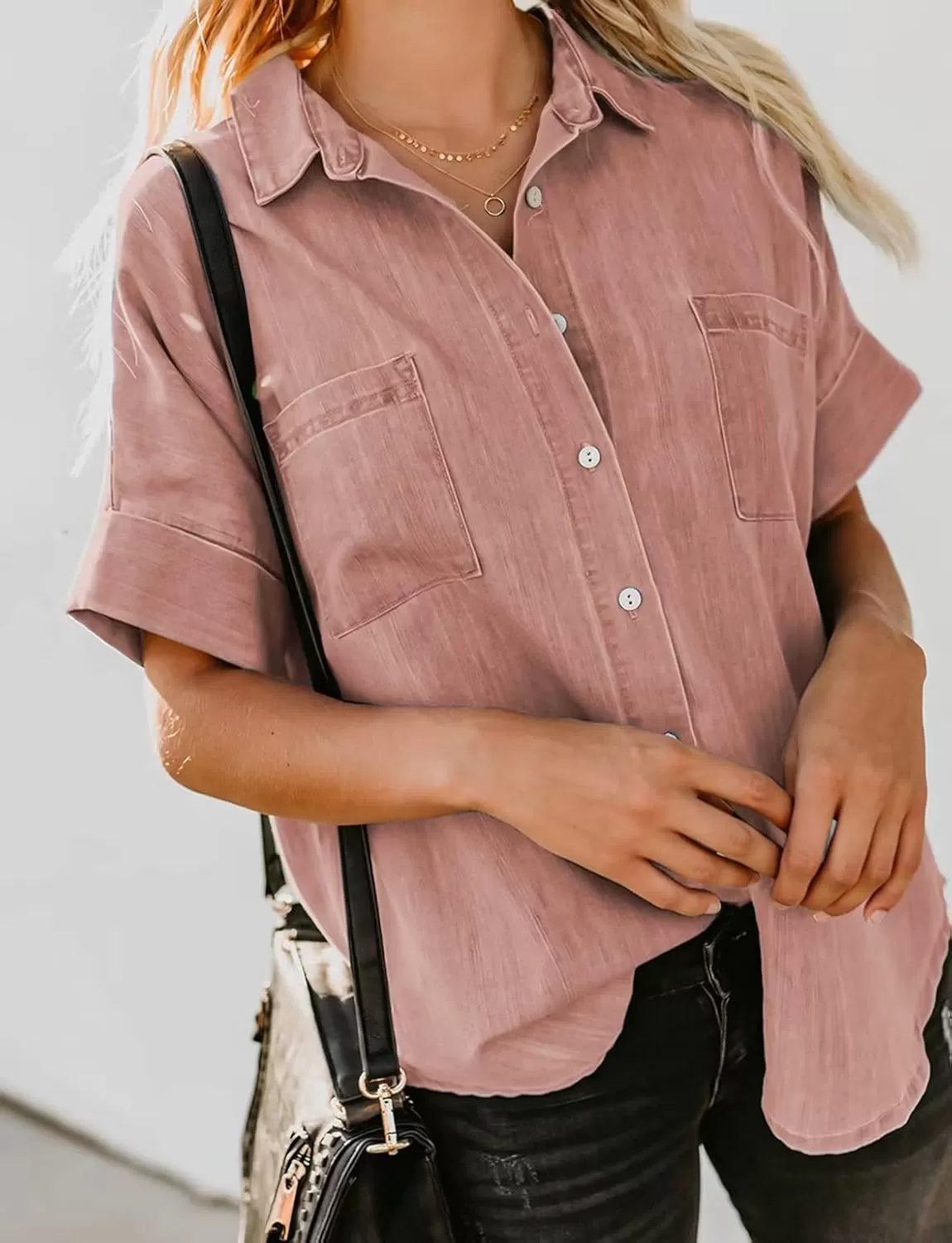 imageAstylish Womens Button Down Shirts V Neck Loose Casual ShirtN Pink