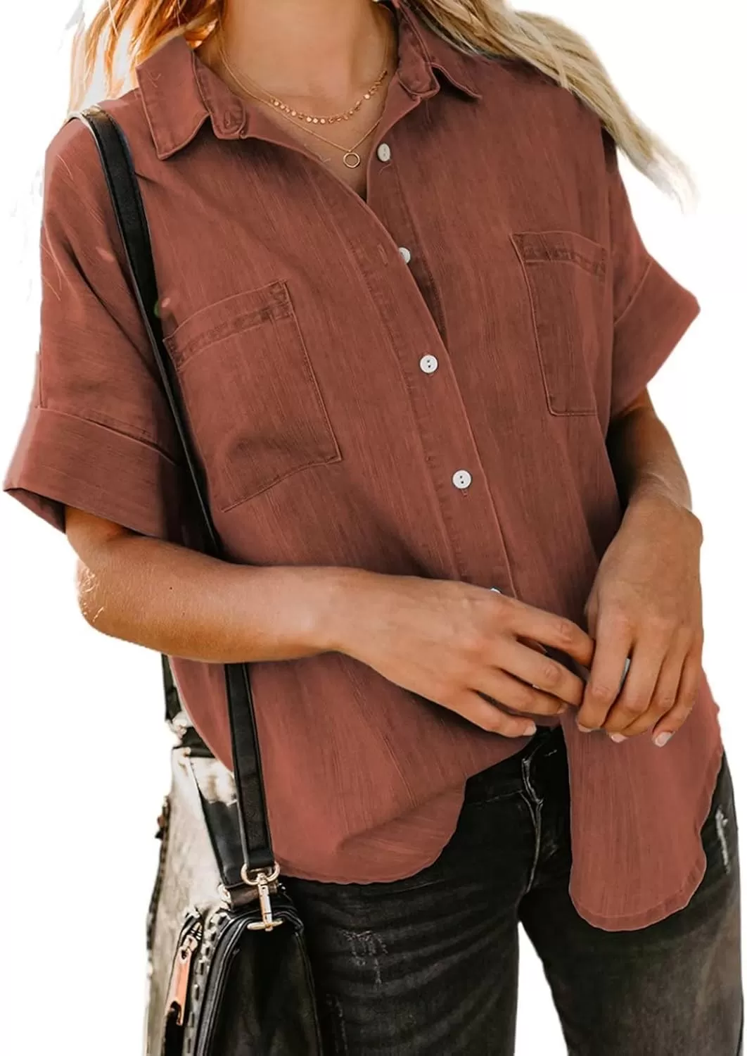 imageAstylish Womens Button Down Shirts V Neck Loose Casual ShirtN Red