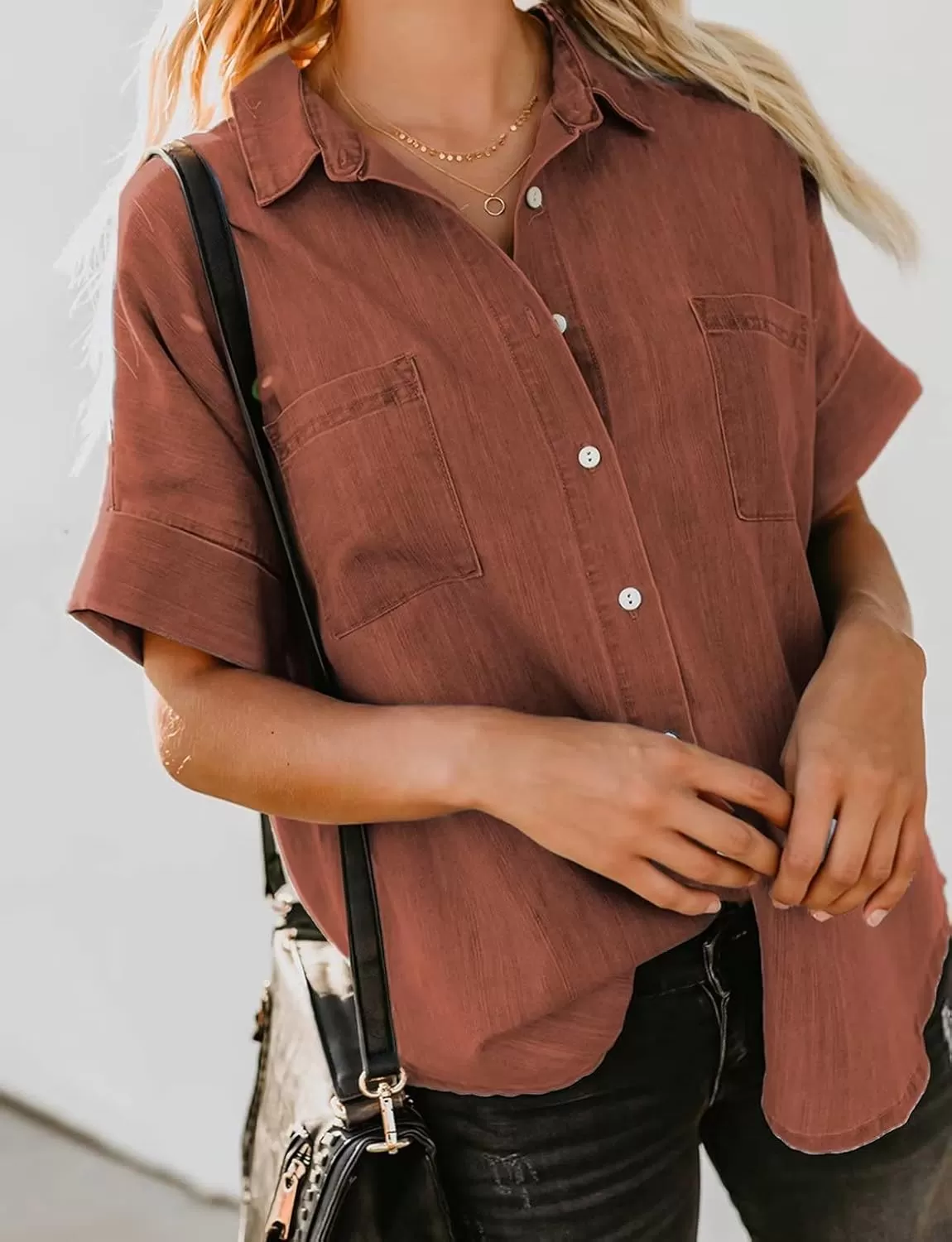 imageAstylish Womens Button Down Shirts V Neck Loose Casual ShirtN Red