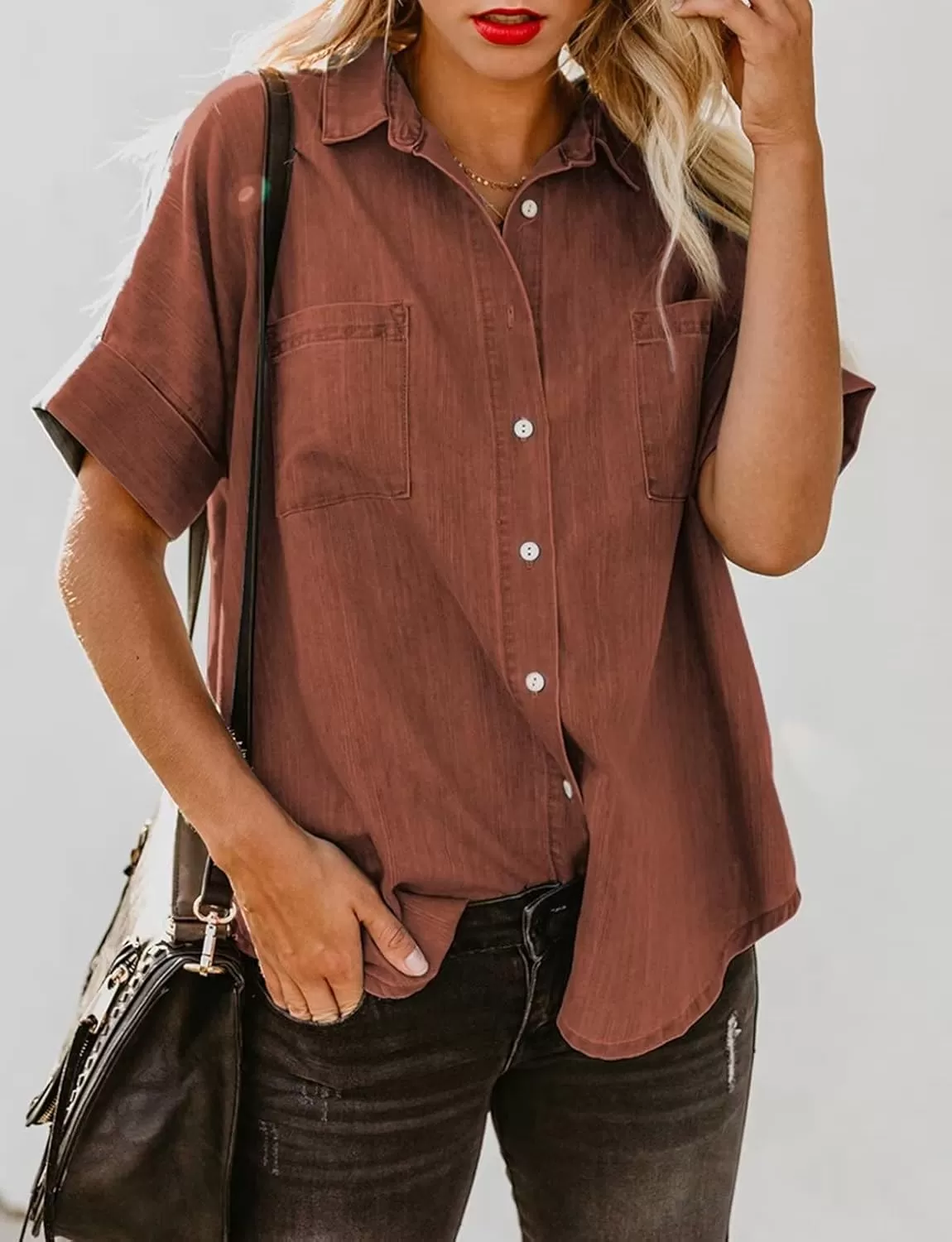 imageAstylish Womens Button Down Shirts V Neck Loose Casual ShirtN Red