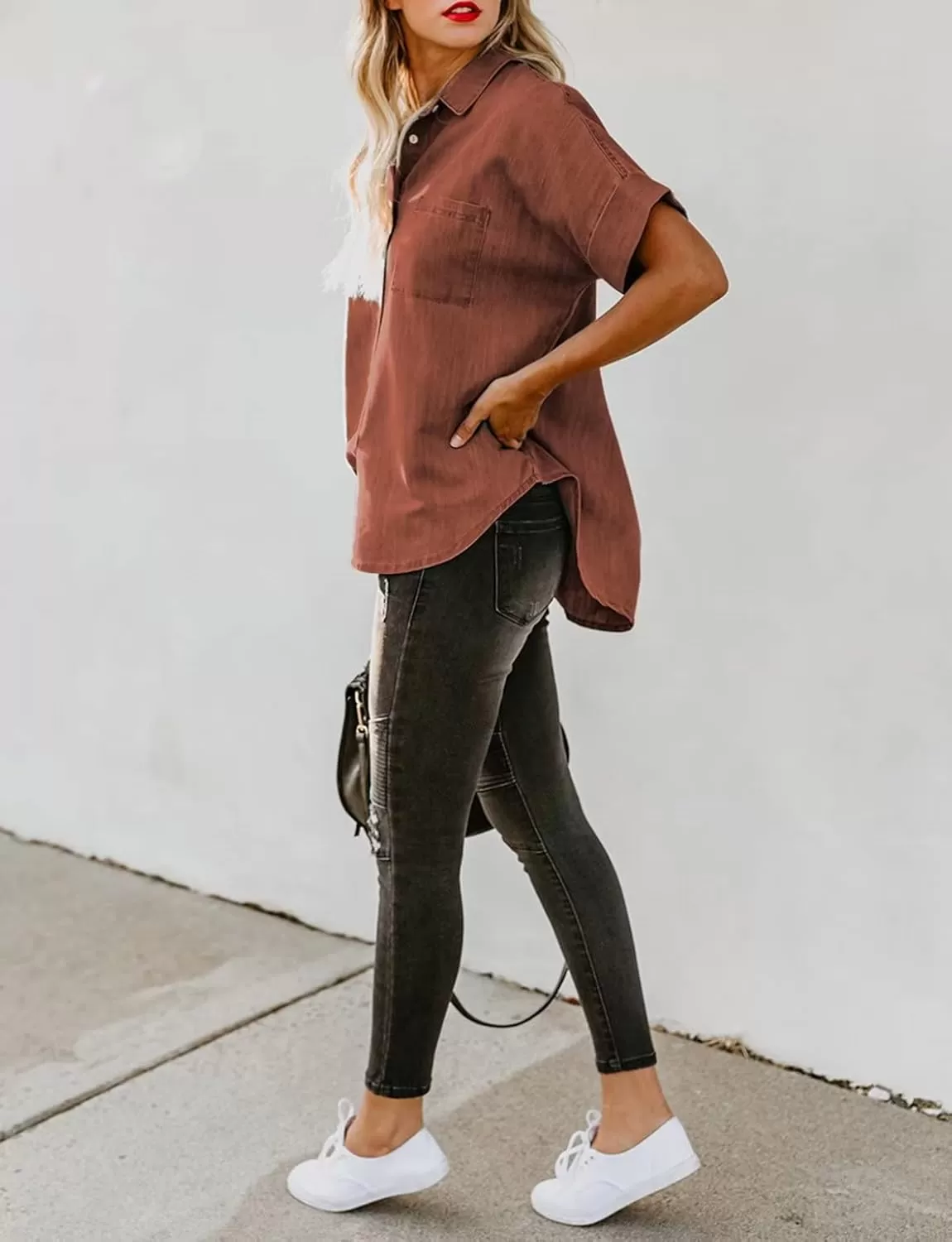 imageAstylish Womens Button Down Shirts V Neck Loose Casual ShirtN Red