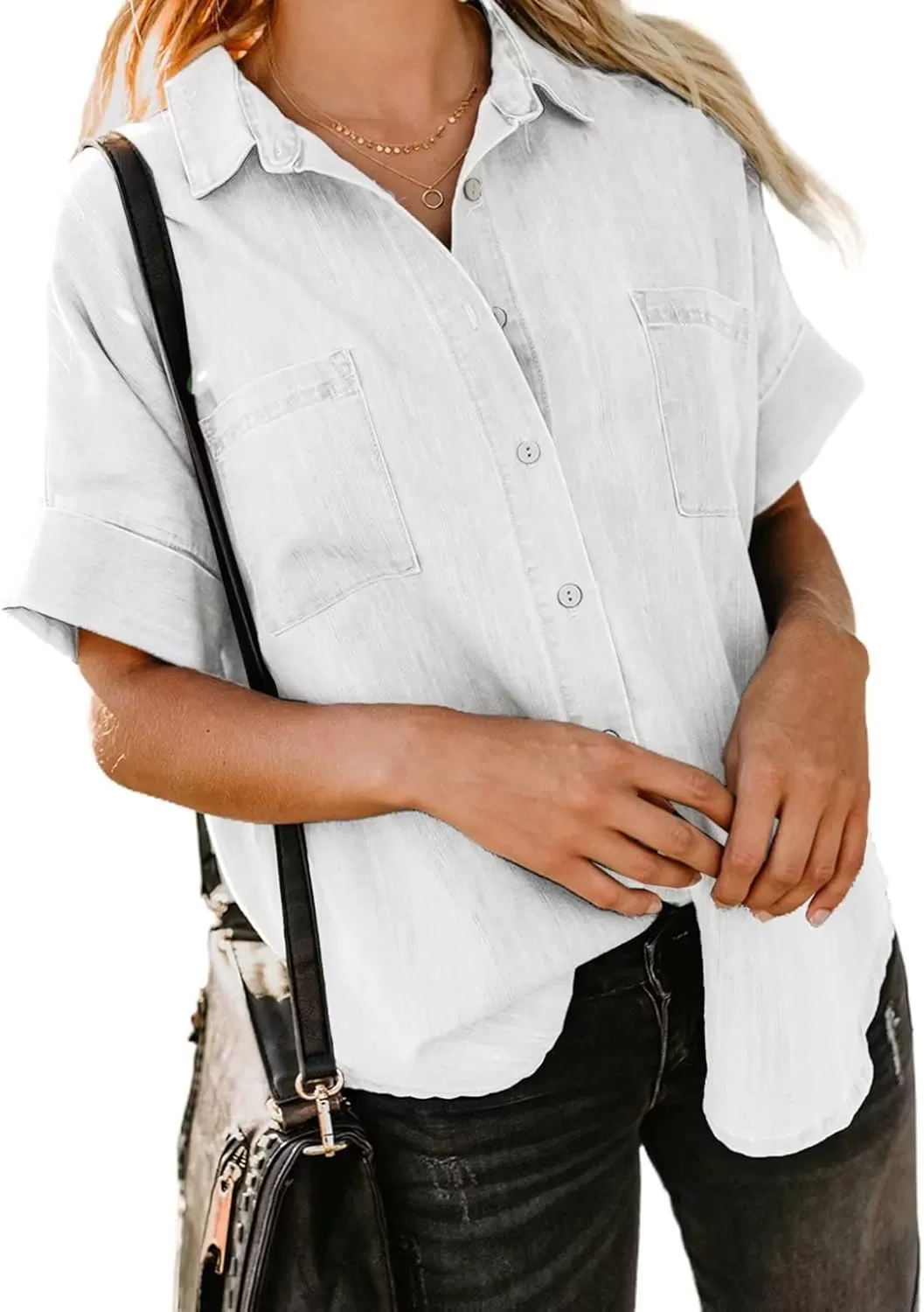 imageAstylish Womens Button Down Shirts V Neck Loose Casual ShirtN White