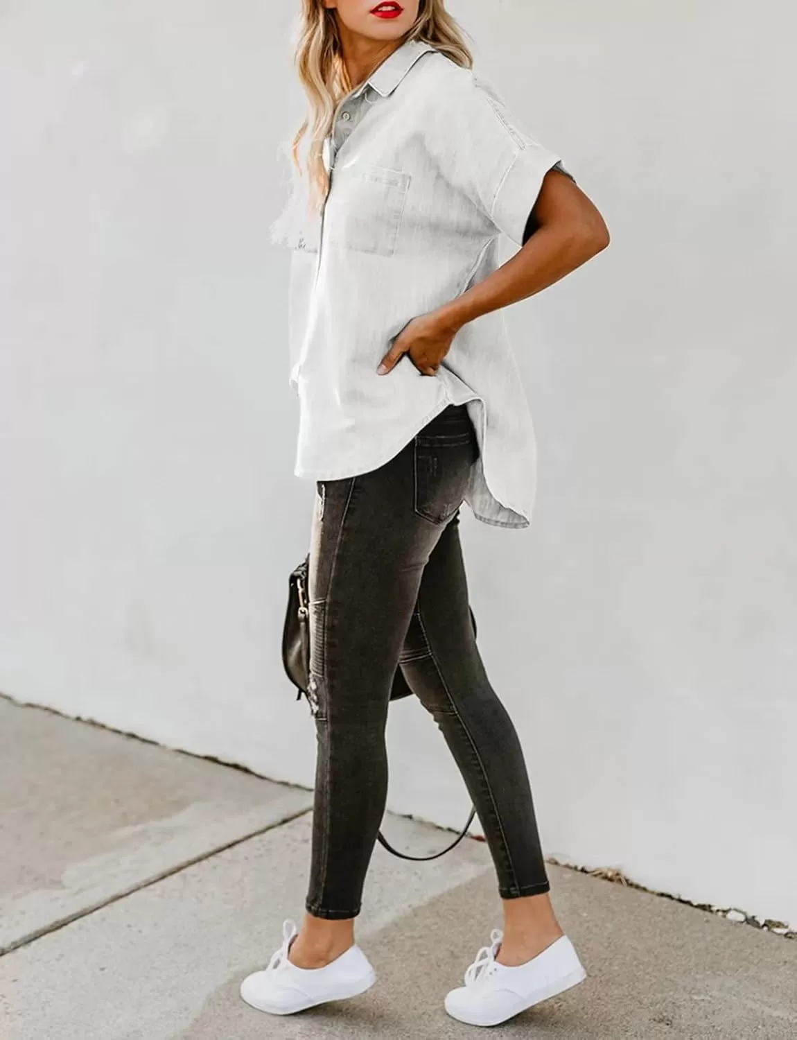 imageAstylish Womens Button Down Shirts V Neck Loose Casual ShirtN White