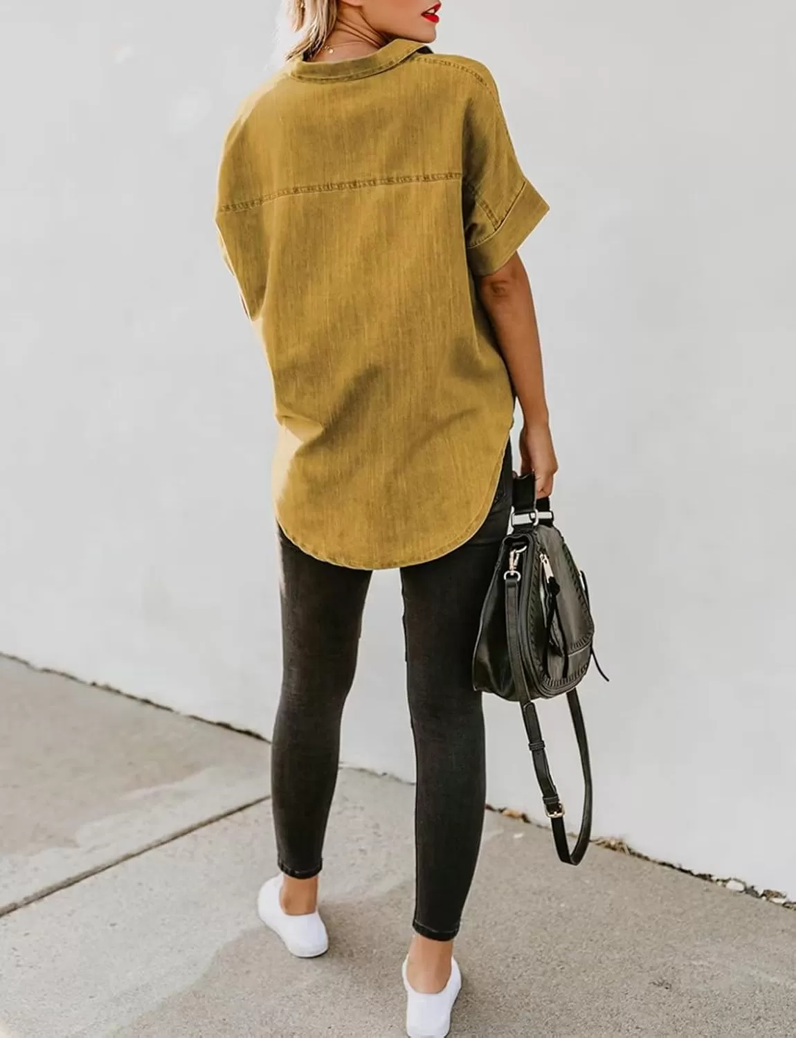 imageAstylish Womens Button Down Shirts V Neck Loose Casual ShirtN Yellow