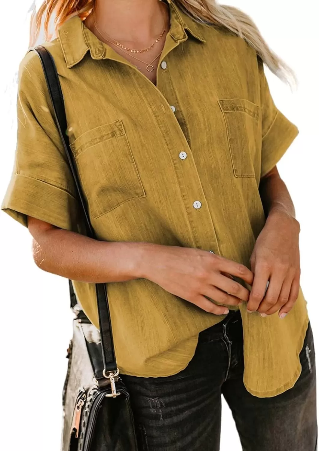 imageAstylish Womens Button Down Shirts V Neck Loose Casual ShirtN Yellow