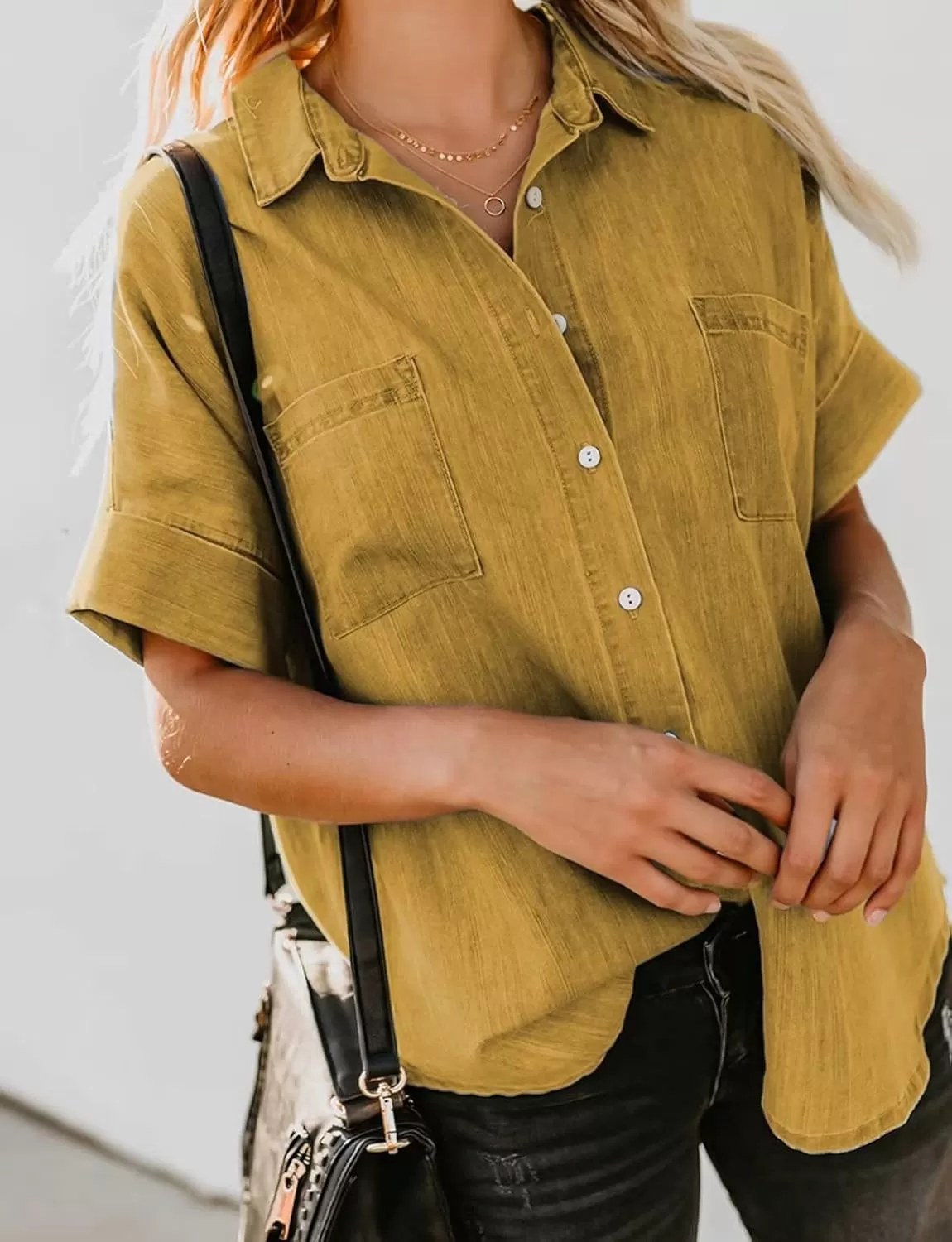 imageAstylish Womens Button Down Shirts V Neck Loose Casual ShirtN Yellow