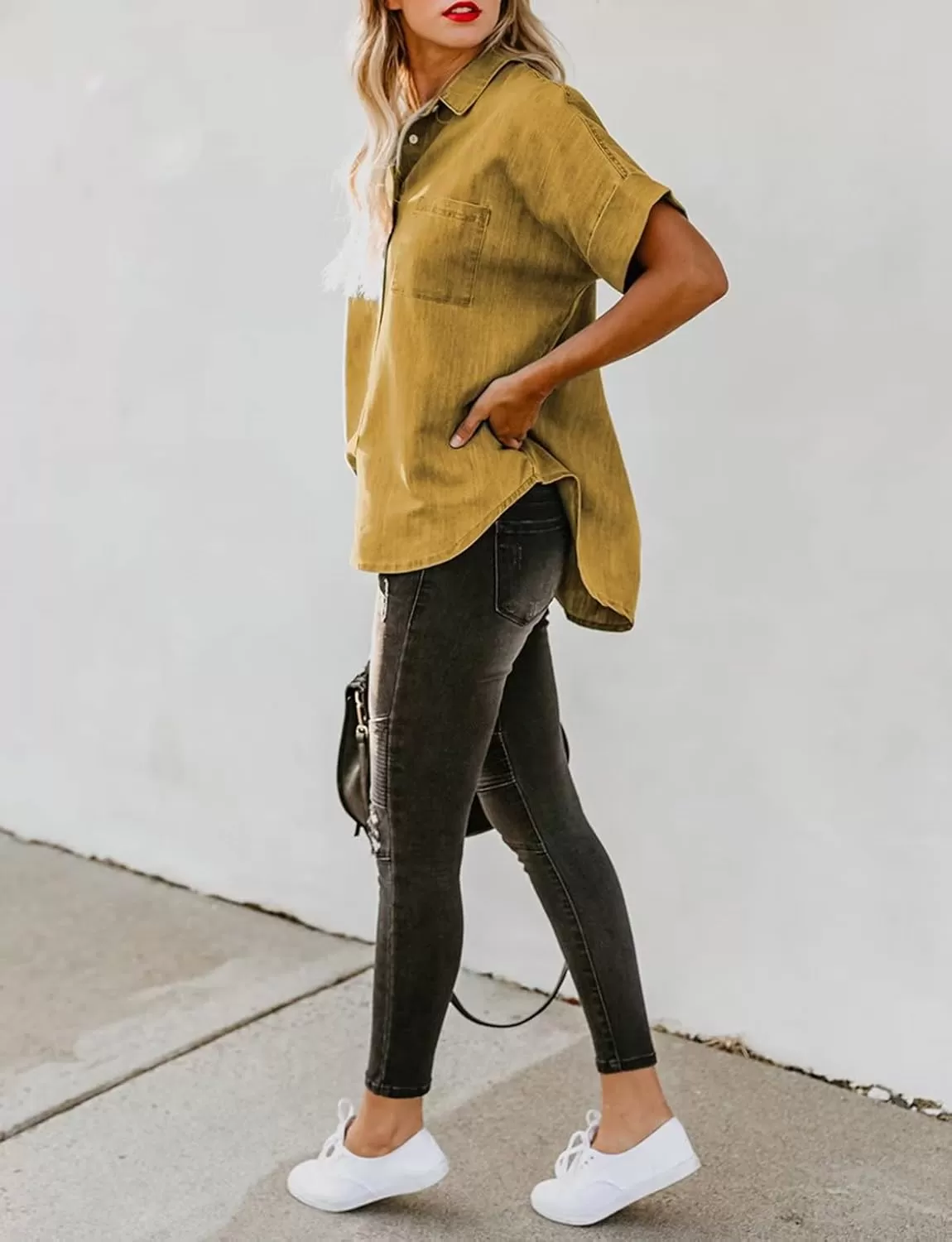 imageAstylish Womens Button Down Shirts V Neck Loose Casual ShirtN Yellow