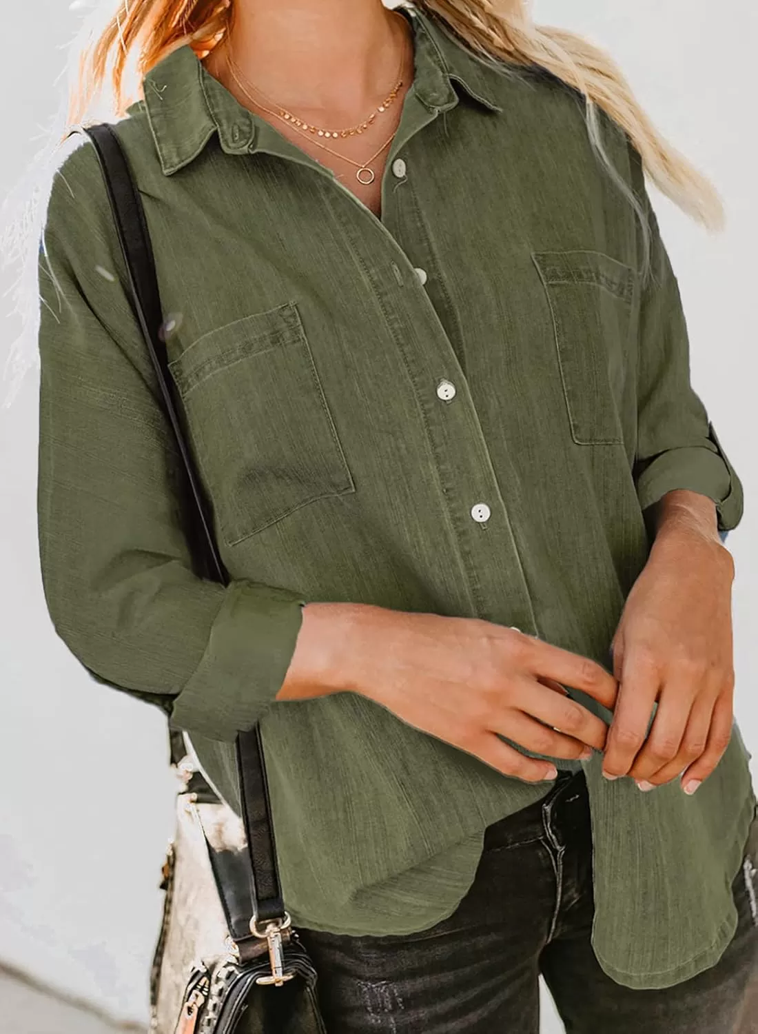 imageAstylish Womens Button Down Shirts V Neck Loose Casual ShirtT Green