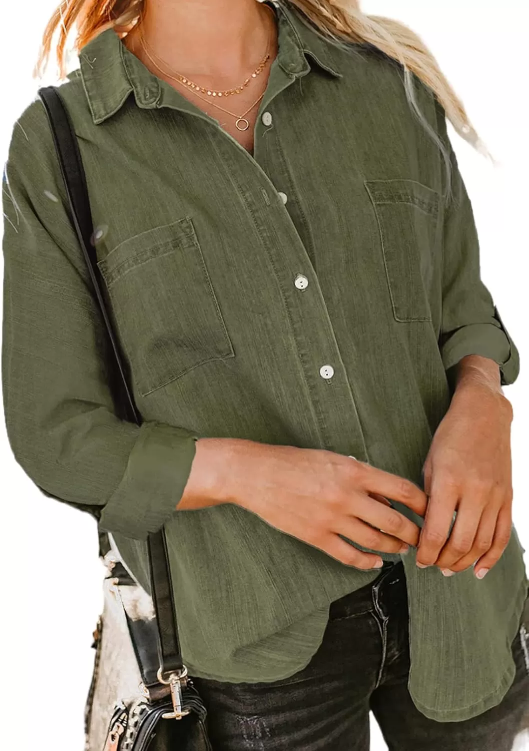 imageAstylish Womens Button Down Shirts V Neck Loose Casual ShirtT Green
