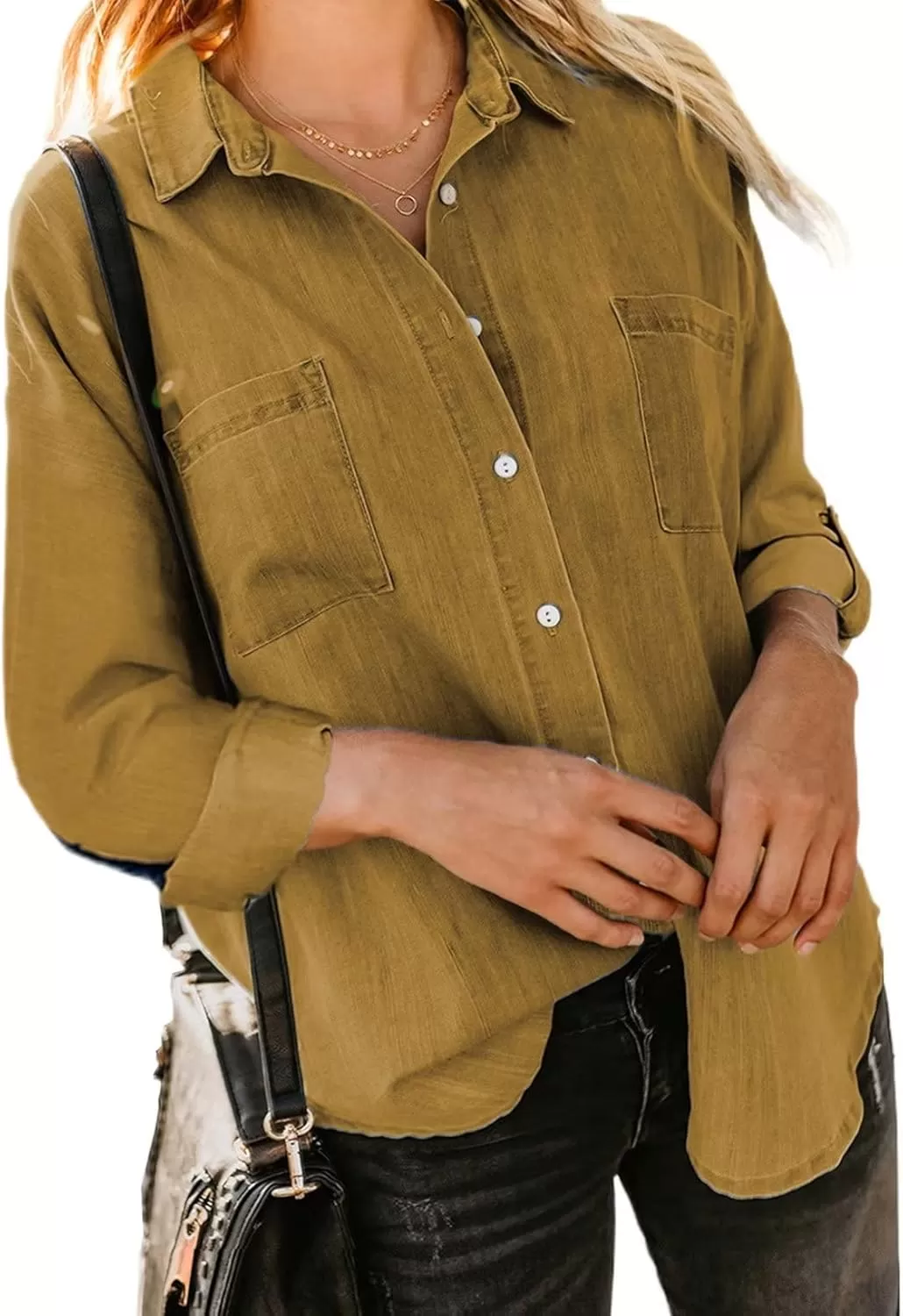 imageAstylish Womens Button Down Shirts V Neck Loose Casual ShirtT Yellow