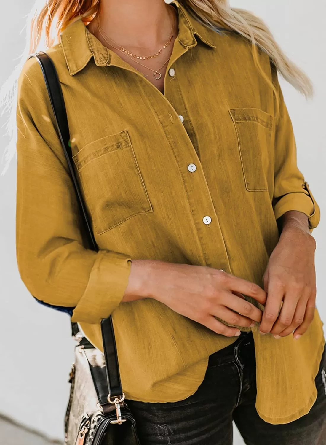 imageAstylish Womens Button Down Shirts V Neck Loose Casual ShirtT Yellow
