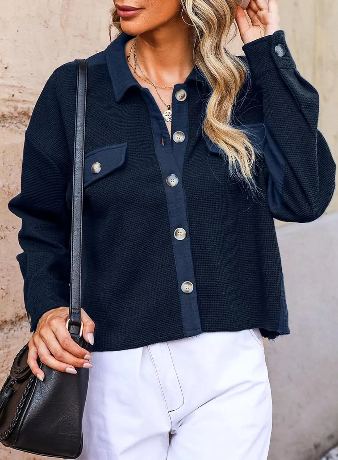 imageAstylish Womens Casual Waffle Knit Boyfriend Shirt Shacket Jacket Button Down BlouseBlue