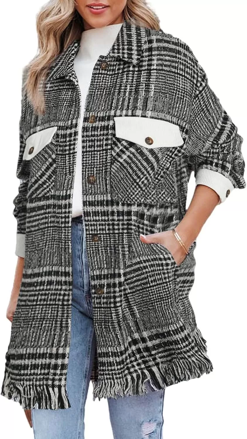 imageAstylish Womens Flannel Plaid Shacket Long Sleeve Oversized Button Down Shirt Jacket CoatBlack