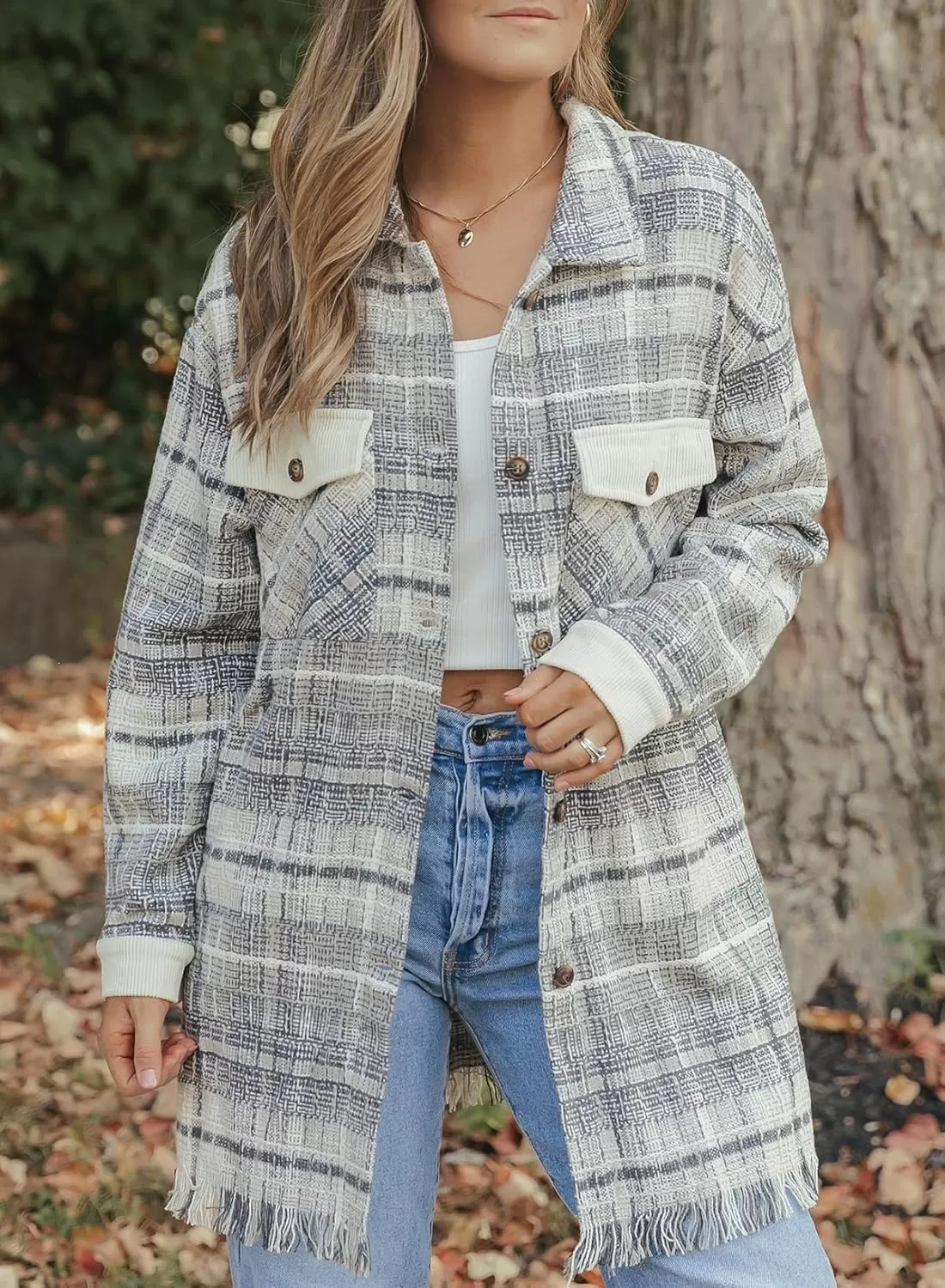 imageAstylish Womens Flannel Plaid Shacket Long Sleeve Oversized Button Down Shirt Jacket CoatGray