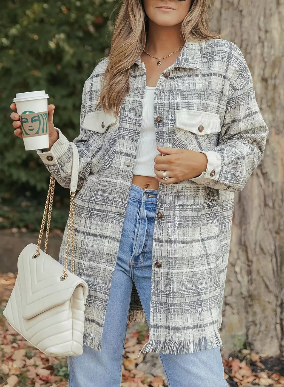 imageAstylish Womens Flannel Plaid Shacket Long Sleeve Oversized Button Down Shirt Jacket CoatGray