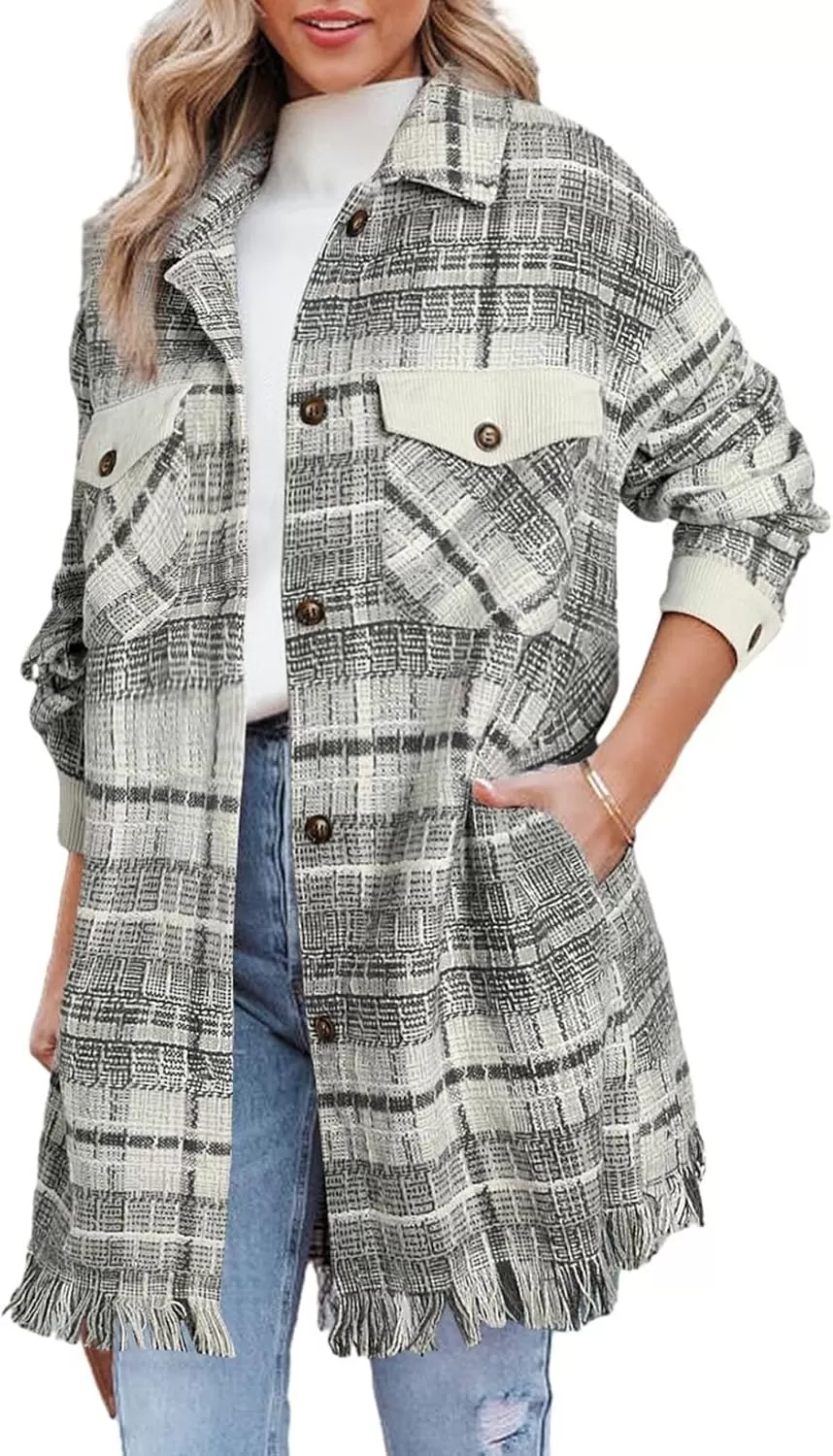 imageAstylish Womens Flannel Plaid Shacket Long Sleeve Oversized Button Down Shirt Jacket CoatGray