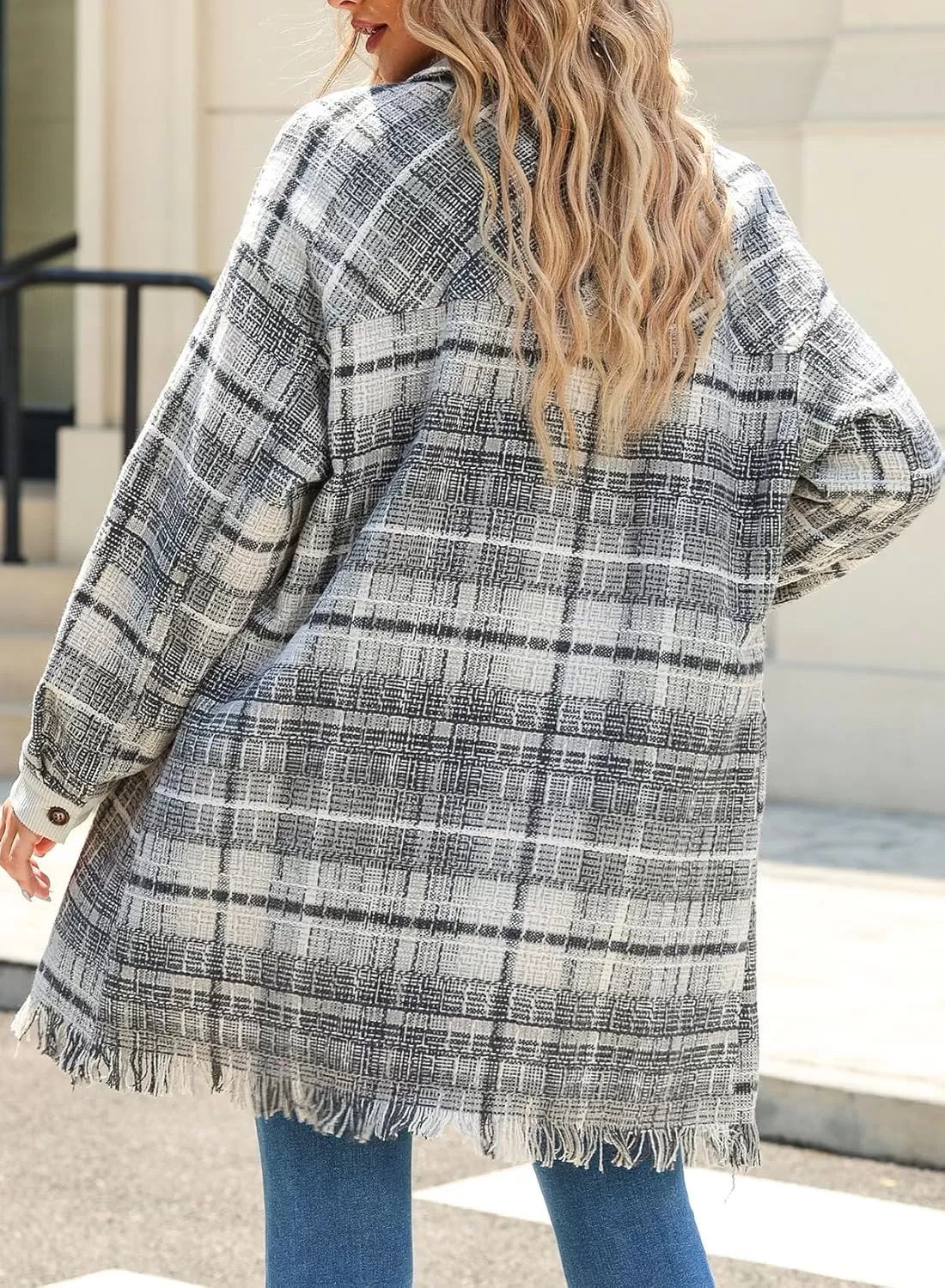 imageAstylish Womens Flannel Plaid Shacket Long Sleeve Oversized Button Down Shirt Jacket CoatGray