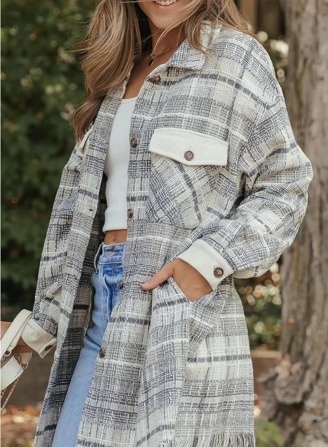 imageAstylish Womens Flannel Plaid Shacket Long Sleeve Oversized Button Down Shirt Jacket CoatGray