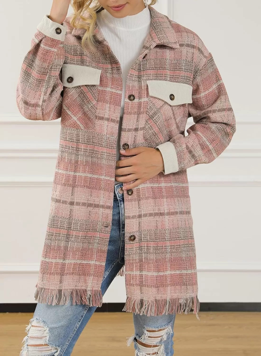 imageAstylish Womens Flannel Plaid Shacket Long Sleeve Oversized Button Down Shirt Jacket CoatPink