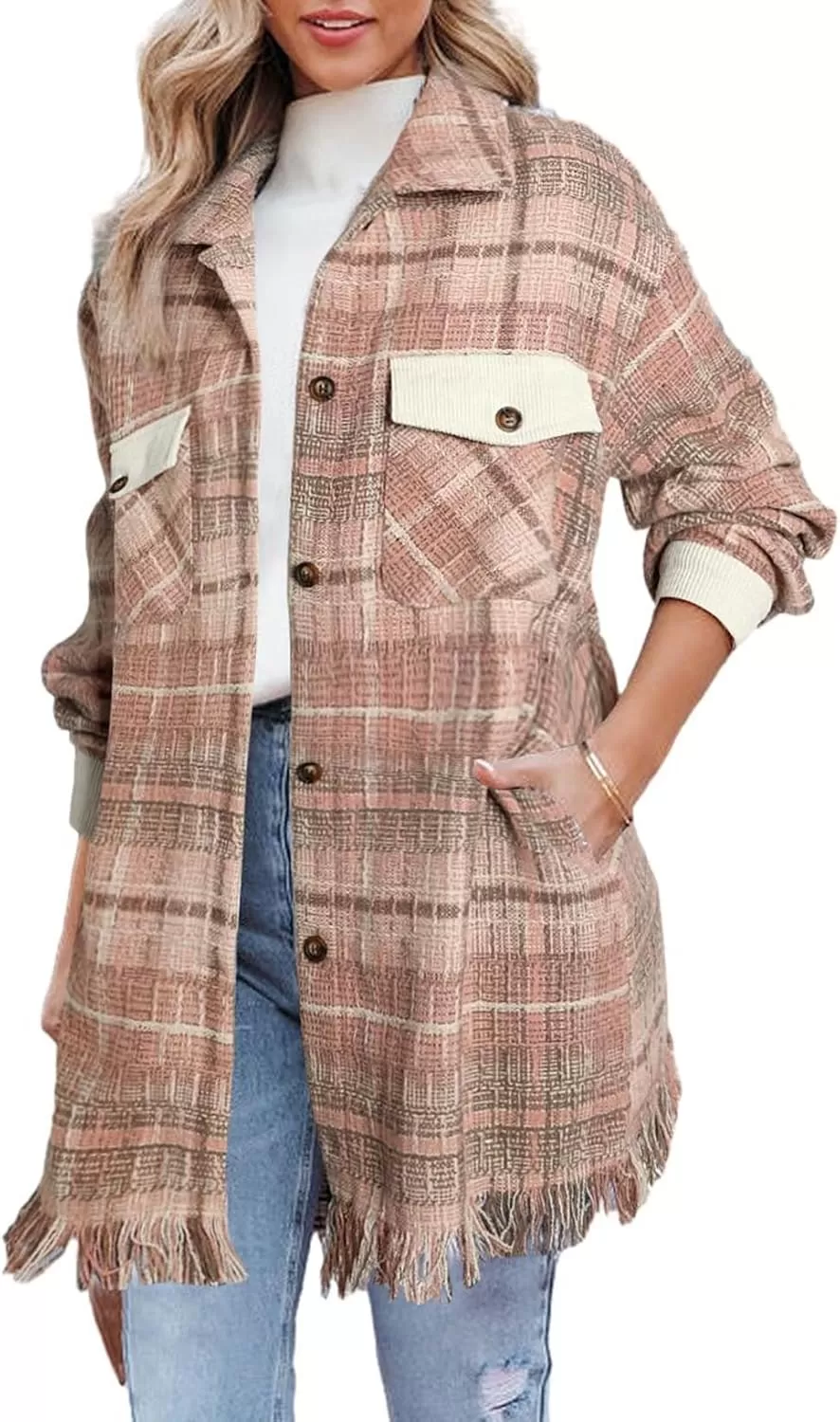 imageAstylish Womens Flannel Plaid Shacket Long Sleeve Oversized Button Down Shirt Jacket CoatPink