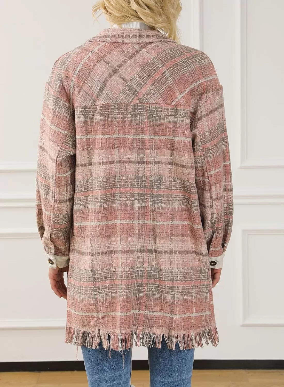 imageAstylish Womens Flannel Plaid Shacket Long Sleeve Oversized Button Down Shirt Jacket CoatPink