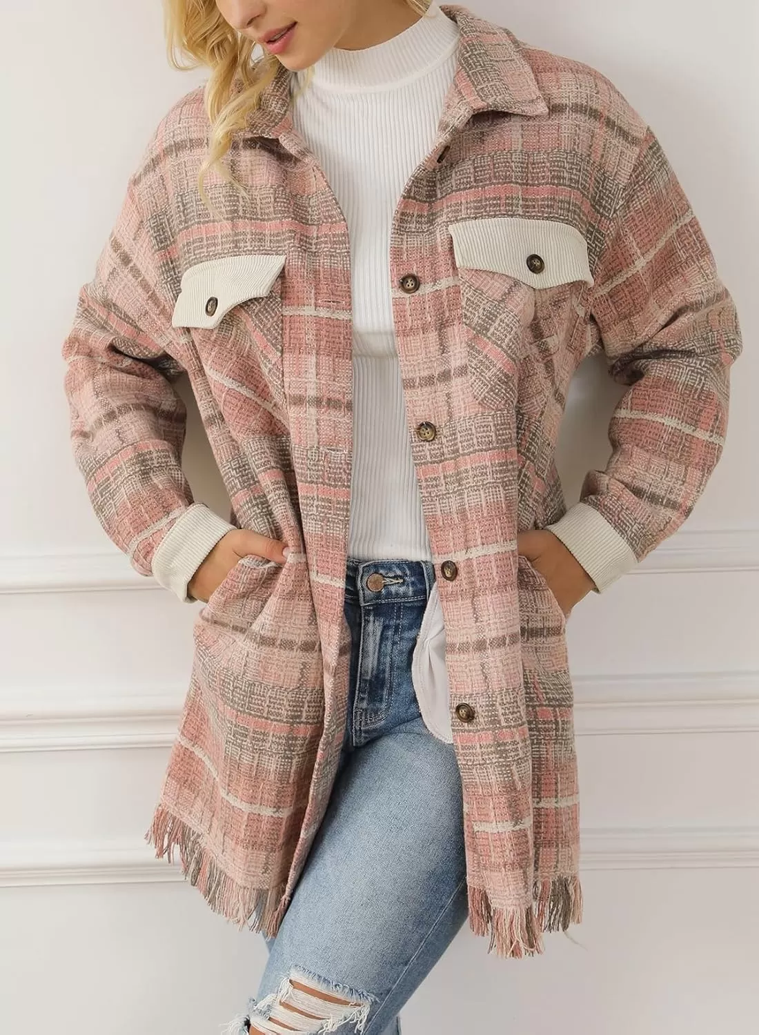 imageAstylish Womens Flannel Plaid Shacket Long Sleeve Oversized Button Down Shirt Jacket CoatPink