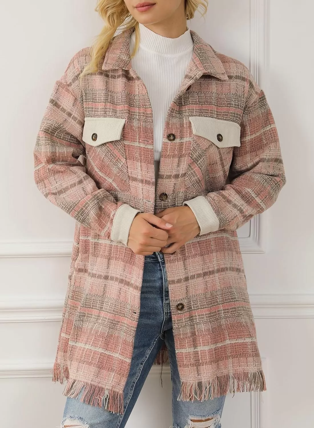 imageAstylish Womens Flannel Plaid Shacket Long Sleeve Oversized Button Down Shirt Jacket CoatPink