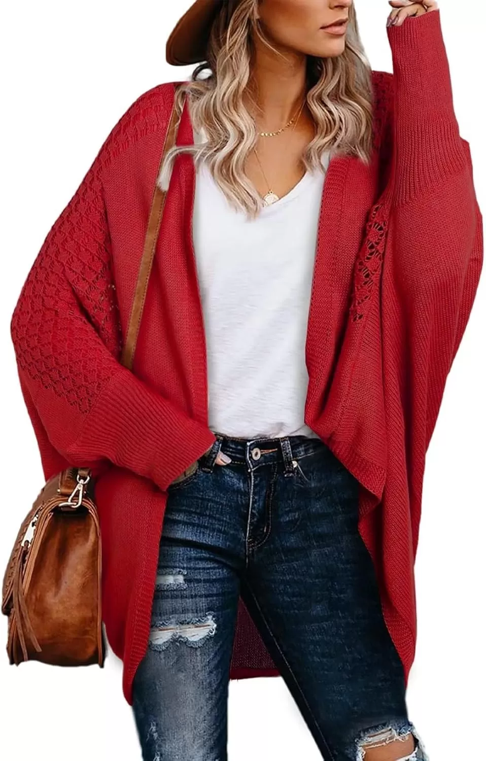 imageAstylish Womens Open Front Cardigan Sweater Hollow Out Drop Shoulder Crochet Knit OuterwearRed
