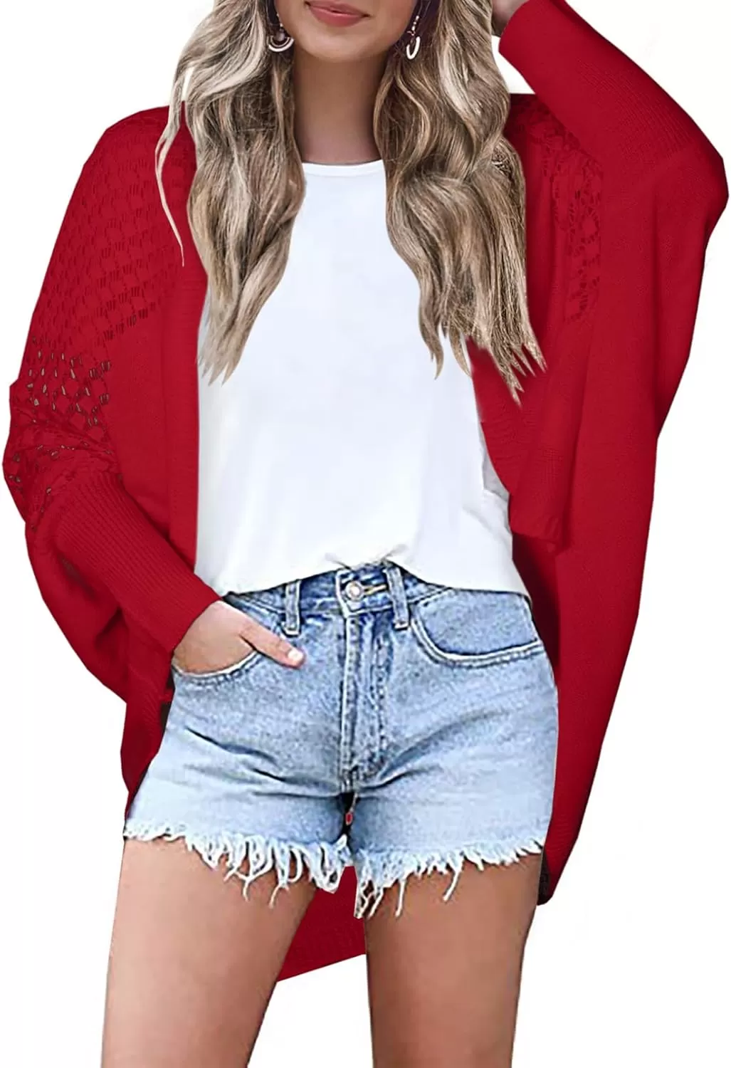 imageAstylish Womens Open Front Cardigan Sweater Hollow Out Drop Shoulder Crochet Knit OuterwearRed