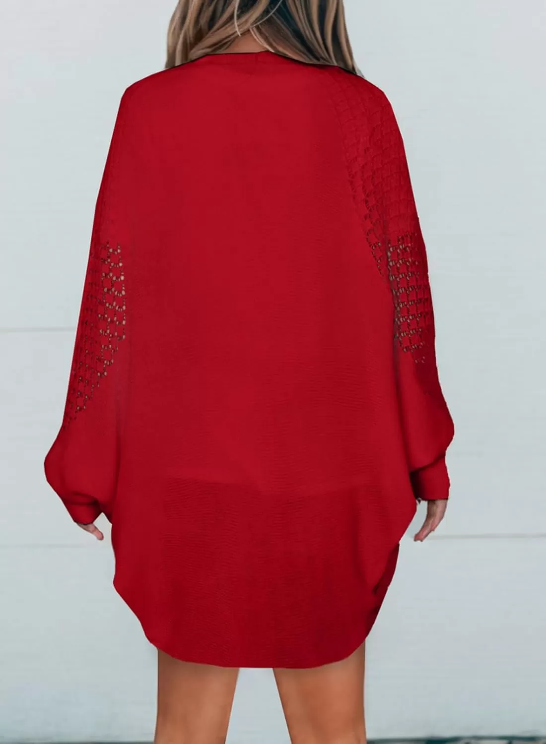 imageAstylish Womens Open Front Cardigan Sweater Hollow Out Drop Shoulder Crochet Knit OuterwearRed