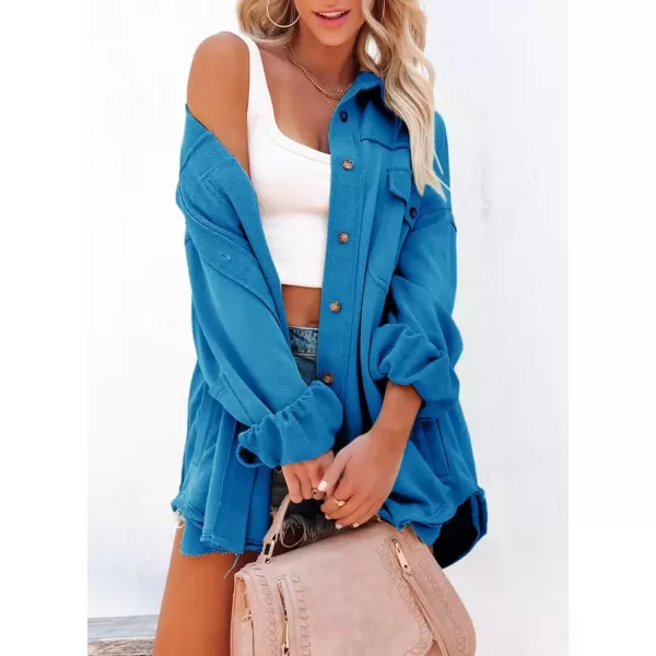 imageAstylish Women 2023 Casual Coat Long Sleeve Shacket Shirts Jacket with PocketsQ Sky Blue