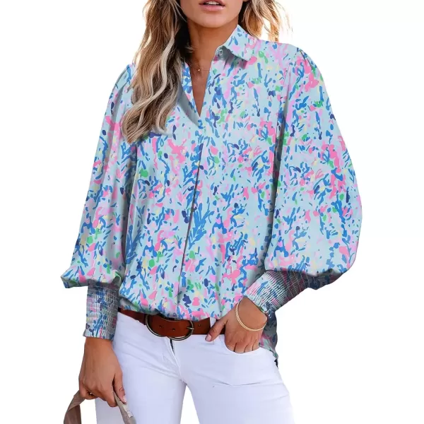 imageAstylish Women 2024 Loose VNeck Shirts Paisley Print Lantern Sleeve Blouse TopsA Blue