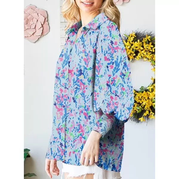 imageAstylish Women 2024 Loose VNeck Shirts Paisley Print Lantern Sleeve Blouse TopsA Blue