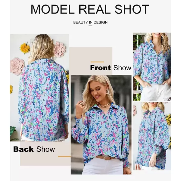 imageAstylish Women 2024 Loose VNeck Shirts Paisley Print Lantern Sleeve Blouse TopsA Blue