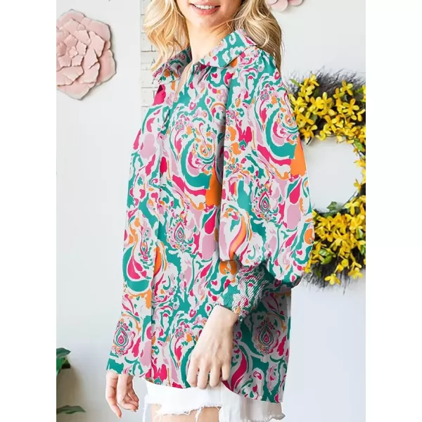 imageAstylish Women 2024 Loose VNeck Shirts Paisley Print Lantern Sleeve Blouse TopsRed