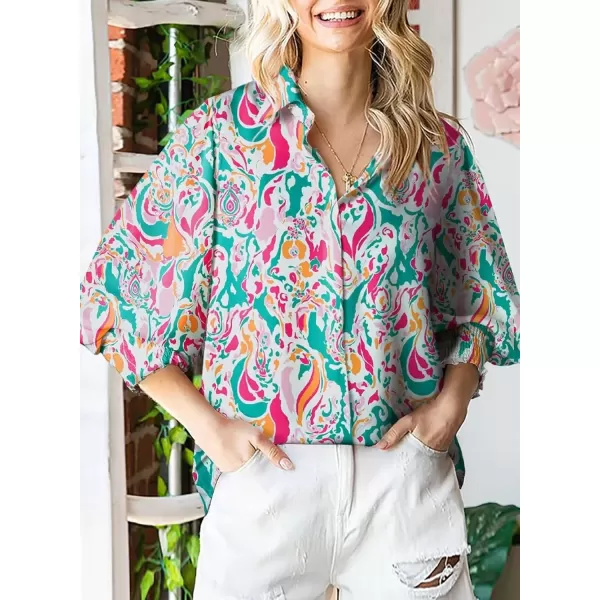 imageAstylish Women 2024 Loose VNeck Shirts Paisley Print Lantern Sleeve Blouse TopsRed