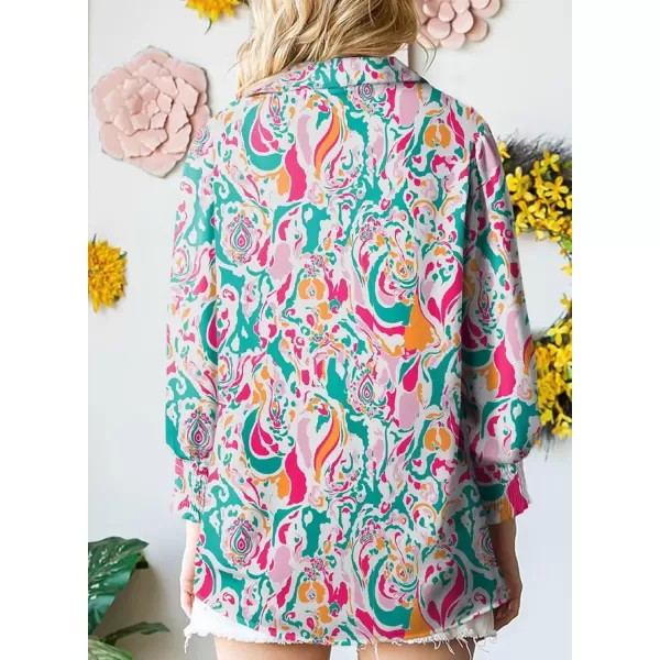 imageAstylish Women 2024 Loose VNeck Shirts Paisley Print Lantern Sleeve Blouse TopsRed