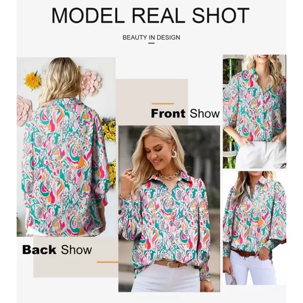 imageAstylish Women 2024 Loose VNeck Shirts Paisley Print Lantern Sleeve Blouse TopsRed