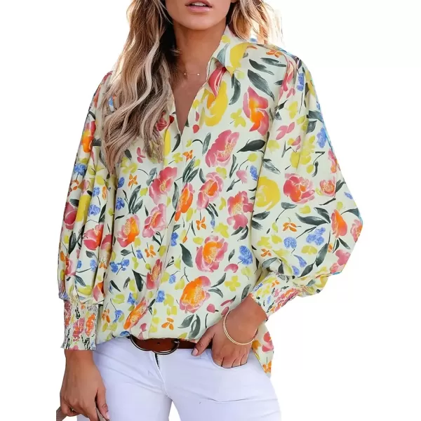 imageAstylish Women 2024 Loose VNeck Shirts Paisley Print Lantern Sleeve Blouse TopsYellow