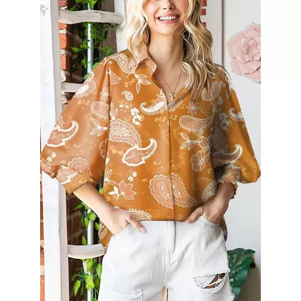 imageAstylish Women 2024 Loose VNeck Shirts Paisley Print Lantern Sleeve Blouse TopsZa Apricot