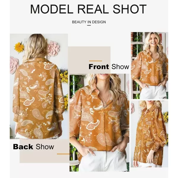 imageAstylish Women 2024 Loose VNeck Shirts Paisley Print Lantern Sleeve Blouse TopsZa Apricot