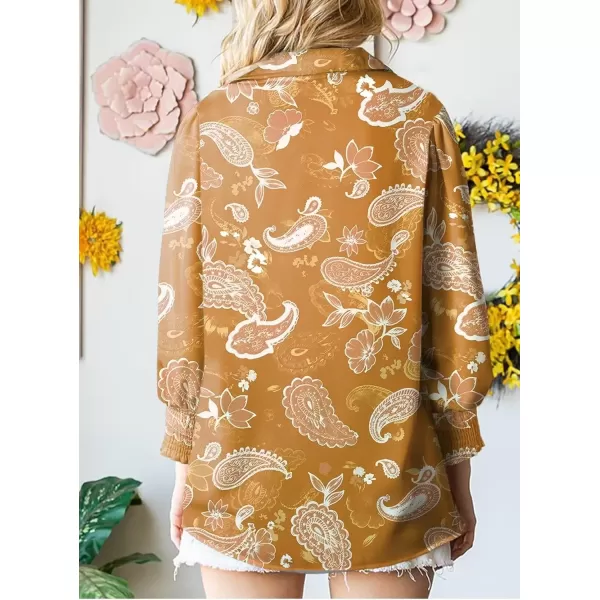 imageAstylish Women 2024 Loose VNeck Shirts Paisley Print Lantern Sleeve Blouse TopsZa Apricot