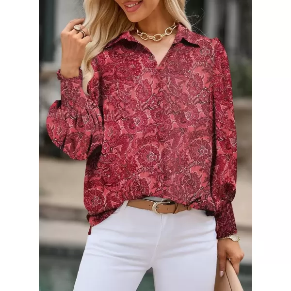 imageAstylish Women 2024 Loose VNeck Shirts Paisley Print Lantern Sleeve Blouse TopsZa Dark Red