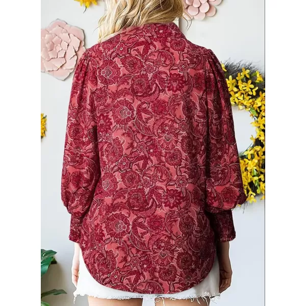 imageAstylish Women 2024 Loose VNeck Shirts Paisley Print Lantern Sleeve Blouse TopsZa Dark Red