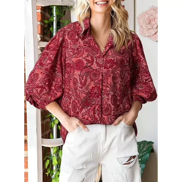imageAstylish Women 2024 Loose VNeck Shirts Paisley Print Lantern Sleeve Blouse TopsZa Dark Red
