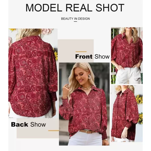 imageAstylish Women 2024 Loose VNeck Shirts Paisley Print Lantern Sleeve Blouse TopsZa Dark Red
