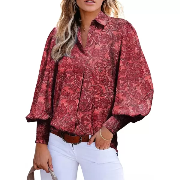 imageAstylish Women 2024 Loose VNeck Shirts Paisley Print Lantern Sleeve Blouse TopsZa Dark Red