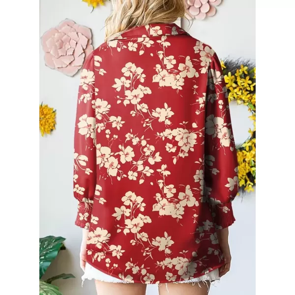imageAstylish Women 2024 Loose VNeck Shirts Paisley Print Lantern Sleeve Blouse TopsZa Floral Red